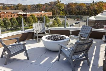 Rooftop fire pit with contemporary seating and city views